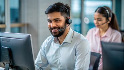 An Indian IT technician assisting a customer over the phone, with a headset and computer in a cozy workspace.
