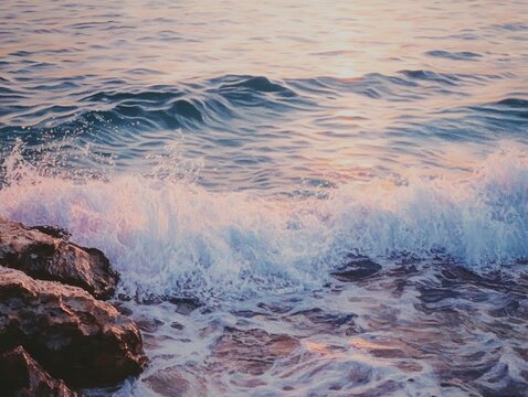 Gentle ocean waves crashing on a rocky shore at sunset, soft pastel tones and long exposure effect