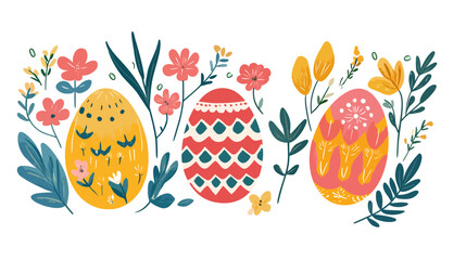 Three eggs with flowers around them. The eggs are in different colors. Flat vector illustration isolated.