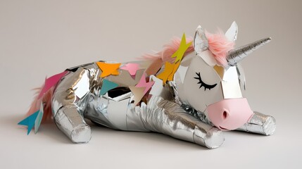 Shiny unicorn plush with colorful stars and pink mane on a neutral background, AI