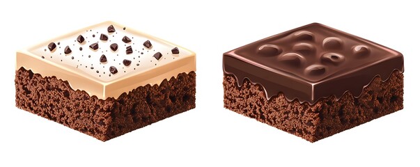 a rich chocolate brownie duo, realistic texture with a slightly cracked top, isolated on white background