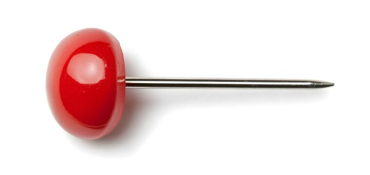a simple red thumbtack, vibrant red with metallic needle, stationery item, isolated on white background