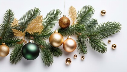 Christmas decorations with tree branches and baubles isolated on white background