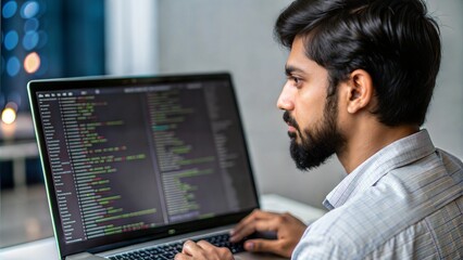 An Indian software developer typing code on a laptop, showcasing programming language on the screen.
