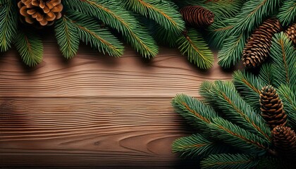 Christmas Fir tree branches and pine cones background