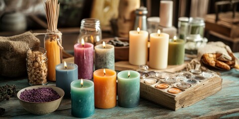 Candlemaking Workshop with Supplies and Finished Products