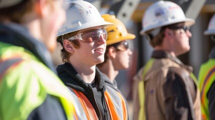 Trainees are dressed in appropriate safety gear including hard hats and reflective vests as they learn how to handle potential hazards on a construction site.