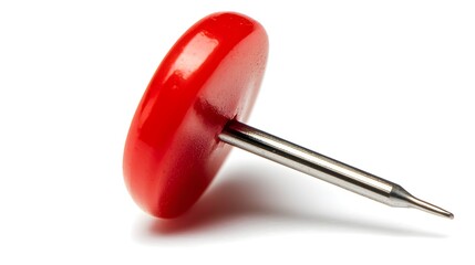 close-up of a red push pin, smooth plastic and metallic needle, vibrant color, isolated on white background