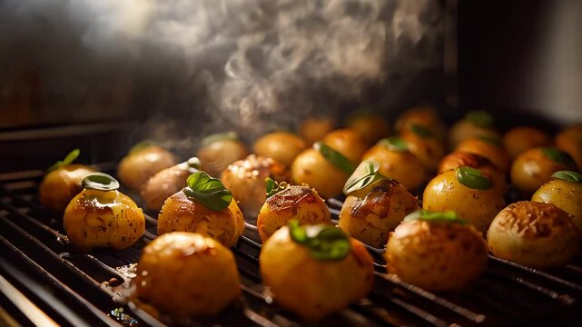 Video of a Smoke rising from potatoes seasoned with herbs and spices grilling in slow motion