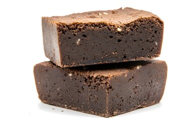 close-up of two brownies, dark chocolate flavor with a soft center, food photography style, isolated on white background