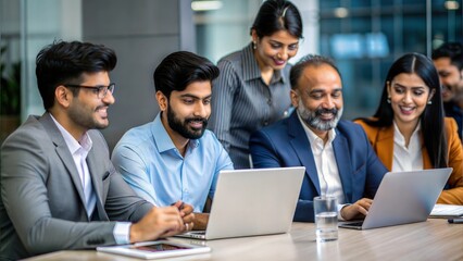 Fototapeta premium A diverse group of Indian IT specialists brainstorming around a conference table with laptops and documents. 
