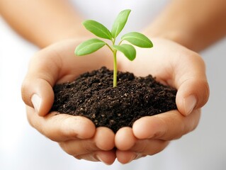 Close-up of hands holding soil with a small sprouting plant, natural lighting, professional photo