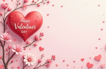 The inscription "happy Valentine's Day" on a pink background. Stylish, modern, romantic holiday greeting card for lovers. Valentines, red hearts, balloons are everywhere. Copy the space.