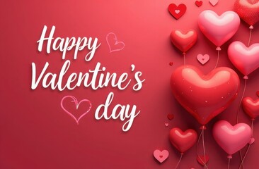 The inscription "happy Valentine's Day" on a red background. Stylish, modern, romantic holiday greeting card for lovers. Valentines, red hearts, balloons are everywhere. Copy the space.