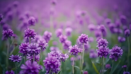 Naklejka premium A delicate field of purple wildflowers, blurred background, soft focus, pastel hues, gentle sway, peaceful and serene landscape.