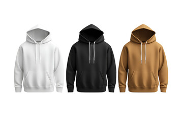 3D rendering, hoodie mockup in three colors: white, black, and golden brown.