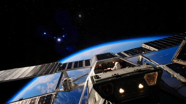 A satellite space station orbiting Earth, showcasing the planet's curvature with its blue atmosphere and cloud layer, set against the dark expanse of space with scattered stars. Perfect for themes rel