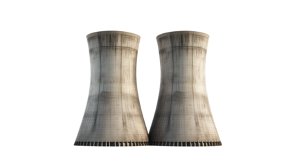 nuclear power plant, featuring two large cooling towers, isolated on a pure white background