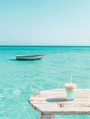 Serene coastal scene with boat in turquoise water and refreshing drink