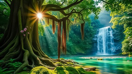 Sunlight filters through the canopy of an ancient tree, illuminating a tranquil waterfall cascading into a clear blue pool.
