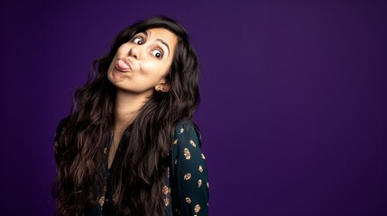 Woman playfully sticking tongue out with wide eyes, standing against a solid purple background. Fun and quirky expression in casual attire, humorous mood.