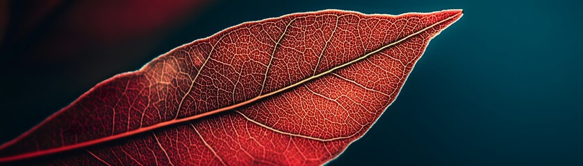 Obraz premium Close-up of a Red Leaf Vein Pattern Against a Teal Background