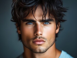 A close up of a man with blue eyes looking at the camera