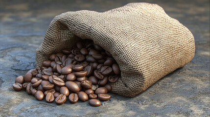 Coffee Bean Sack: A rustic burlap sack spills open, revealing a rich bounty of roasted coffee beans. The aroma of freshly brewed coffee fills the air.