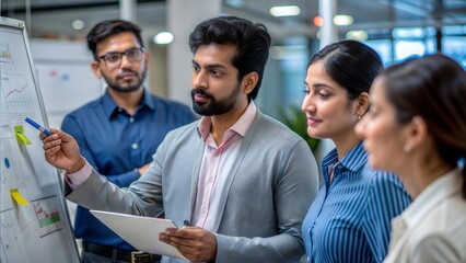An Indian IT consultant brainstorming innovative technology solutions with a team, using whiteboards.
