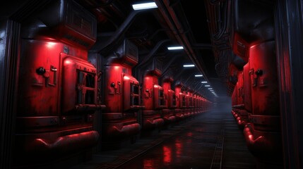 Naklejka premium A narrow, dimly lit corridor lined with rows of red, industrial machinery, the metallic walls and floor reflecting a faint glow from unseen lights, creating an ominous and mysterious atmosphere.
