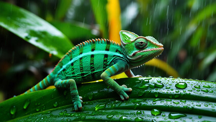 Fototapeta premium Detailed macro of a green chameleon resting on a rain-drenched leaf with dew drops highlighting the lush beauty of the jungle