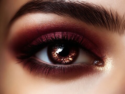 A close up of a woman's eye with a red smokey eye makeup look