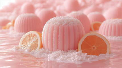 Fototapeta premium Pink Delight: A luscious, textured pink sphere adorned with white sprinkles and surrounded by halved lemon slices, creating a vibrant and playful still life. 