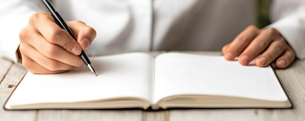 Fototapeta premium Close-up of a person writing in a blank notebook with a pen on a wooden table, conveying creativity and productivity.