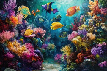 A tropical fish tank filled with fish of every bright color, swimming among equally colorful coral reefs