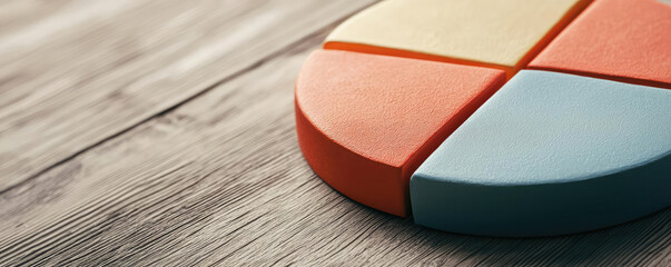 Colorful pie chart segments on a wooden surface, representing data visualization and analytics. Ideal for business or educational themes.
