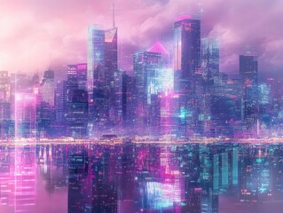 Obraz premium City skyline blended with holographic digital patterns, photorealistic urban scene