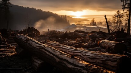 Golden light illuminates a pile of logs in the foreground, with a distant forest shrouded in mist and bathed in the warm glow of sunrise.