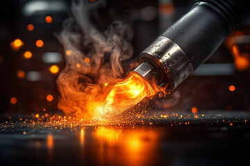 A welding torch and iron sheet close up background...