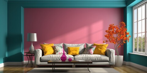A modern living room with a pink wall, teal accents, and a white sofa with colorful pillows and throw blankets.