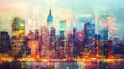 Fototapeta premium City skyline blended with holographic digital patterns, photorealistic urban scene