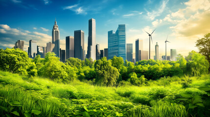 Fototapeta premium city skyline with greenery and clean energy sources, showcasing sustainability