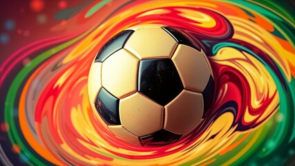 A close-up of a leather soccer ball resting in a swirling, vibrant vortex of abstract colors.