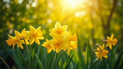 Obraz premium Sun-kissed daffodils bathed in golden light, a vibrant display of spring's arrival against a backdrop of lush greenery.