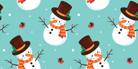seamless pattern with snowmen in cartoon style, colorful vector illustration, cute snowmen on blue background, template for wrapping paper,decoration,textile,prints,paper