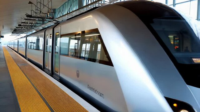 Capture the modern elegance of a sleek train at a spacious station platform with large windows allowing natural light to flood in. Perfect for transportation, travel, and modern infrastructure themes.