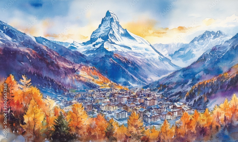 Wall mural watercolor zermatt town and matterhorn mountain aerial panoramic view in the valais canton of switze