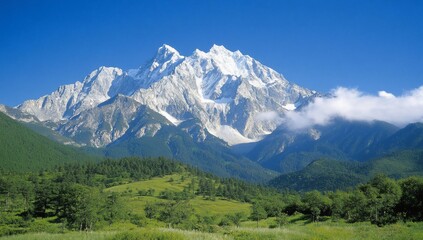 Fototapeta premium Majestic snow-capped mountain peak rises above green valley with blue sky.