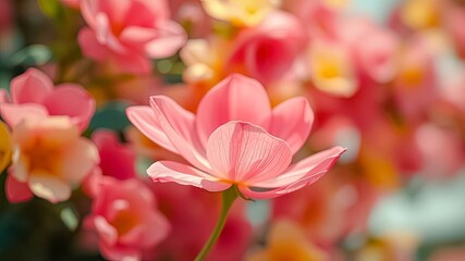 Fototapeta premium A single pink flower blooms in the foreground, while the background is blurred with a multitude of pink and yellow flowers.