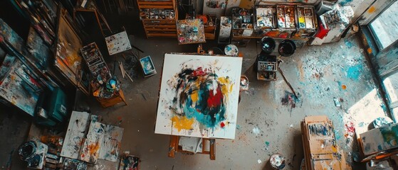 Explore the creative chaos of an artist's studio an overhead view of paints and sketches